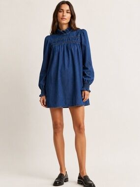 & Other Stories Paris Atelier Blue Denim Ruffle High Neck Mini Dress Size 2